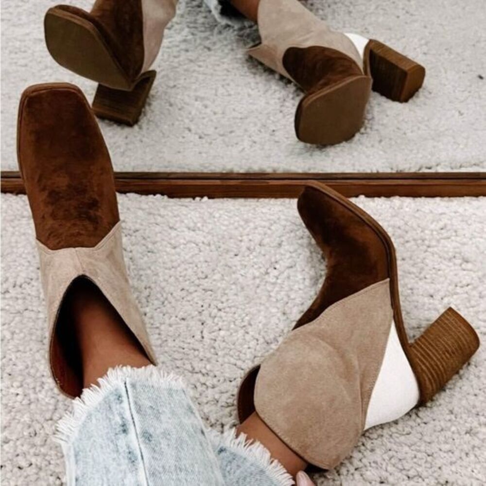 New Ccocci Bootie Chunky Heels Western Colorblock Suede Vegan Leather
